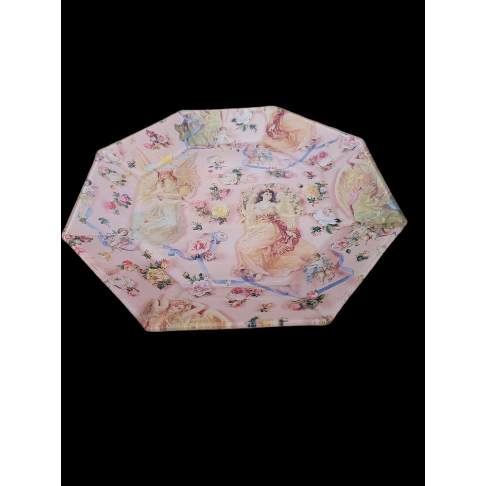 Vintage Art Glass Angels Botanical Flowery Octagon Plate Signed Heavenly Angels
